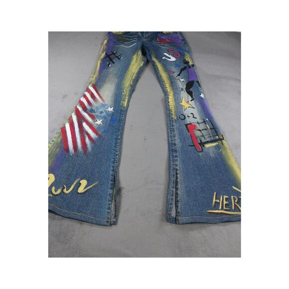 Blue Denim Flare Hand Painted Graffiti USA Stars Art Womens 26  C Fline Jeans - Picture 1 of 16